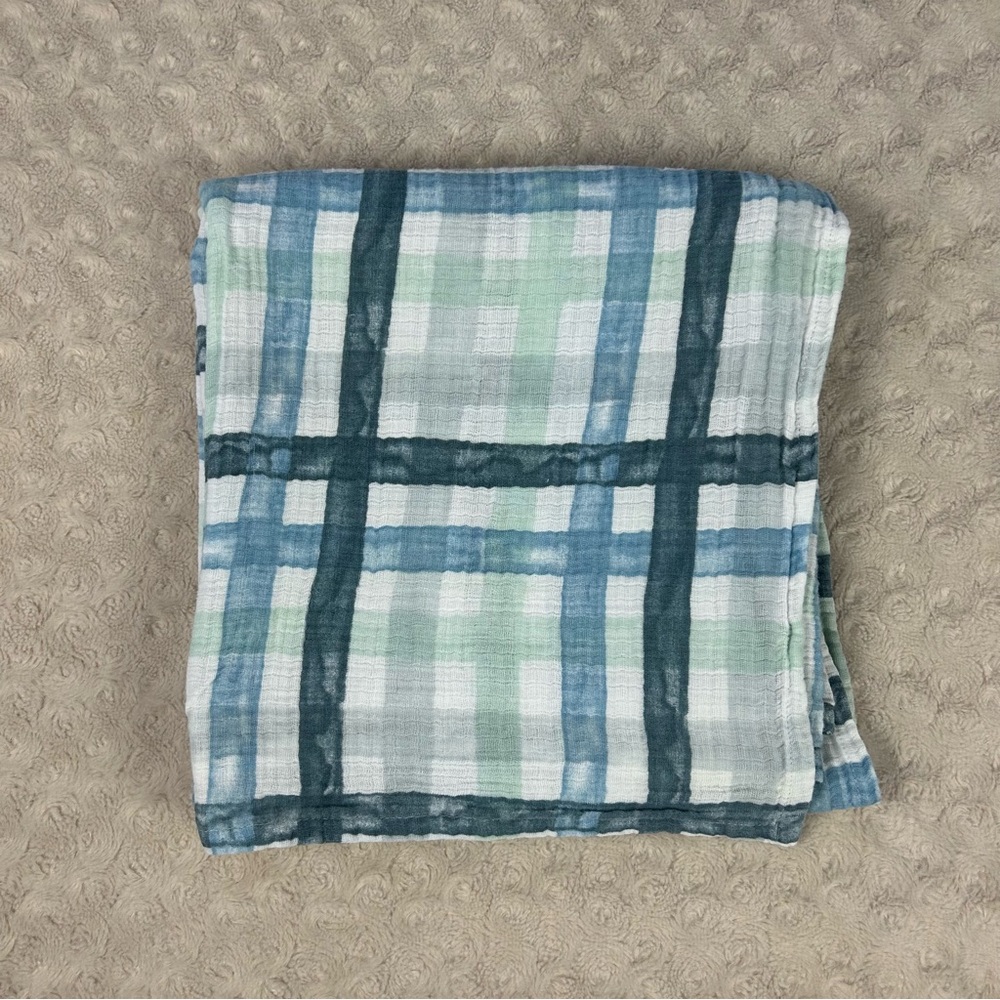 Aden + Anais Plaid Baby Swaddle Blanket Blue Green White Muslin Cotton Lovey